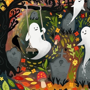 Halloween Ghost Graveyard Playground wallpaper scale