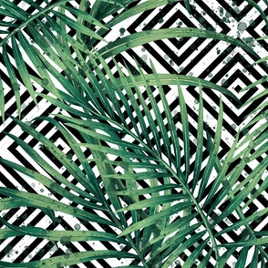 2nd version tropical leaves with black and white geometry and watercolor splashes