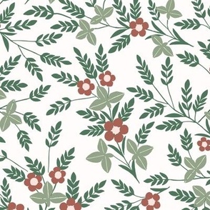 Arts and Crafts Christmas floral in Red and Green on white
