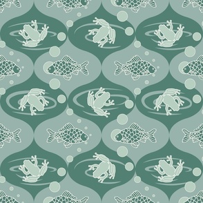 Frogs And Fishes In Ogees - Sage Green  - Medium scale