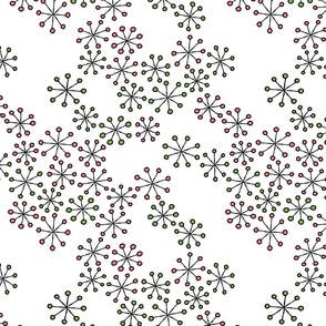 (M) Mid Century Modern Christmas Line Art Atomic Snowflakes on White