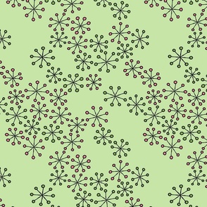 (M) Mid Century Modern Christmas Line Art Atomic Snowflakes on Pale Green