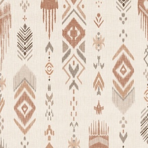 Vertical bohemian ikat in terracotta and grey Large -  geometrical arrow over cream with linen texture - earth tones boho southwestern geometric shapes