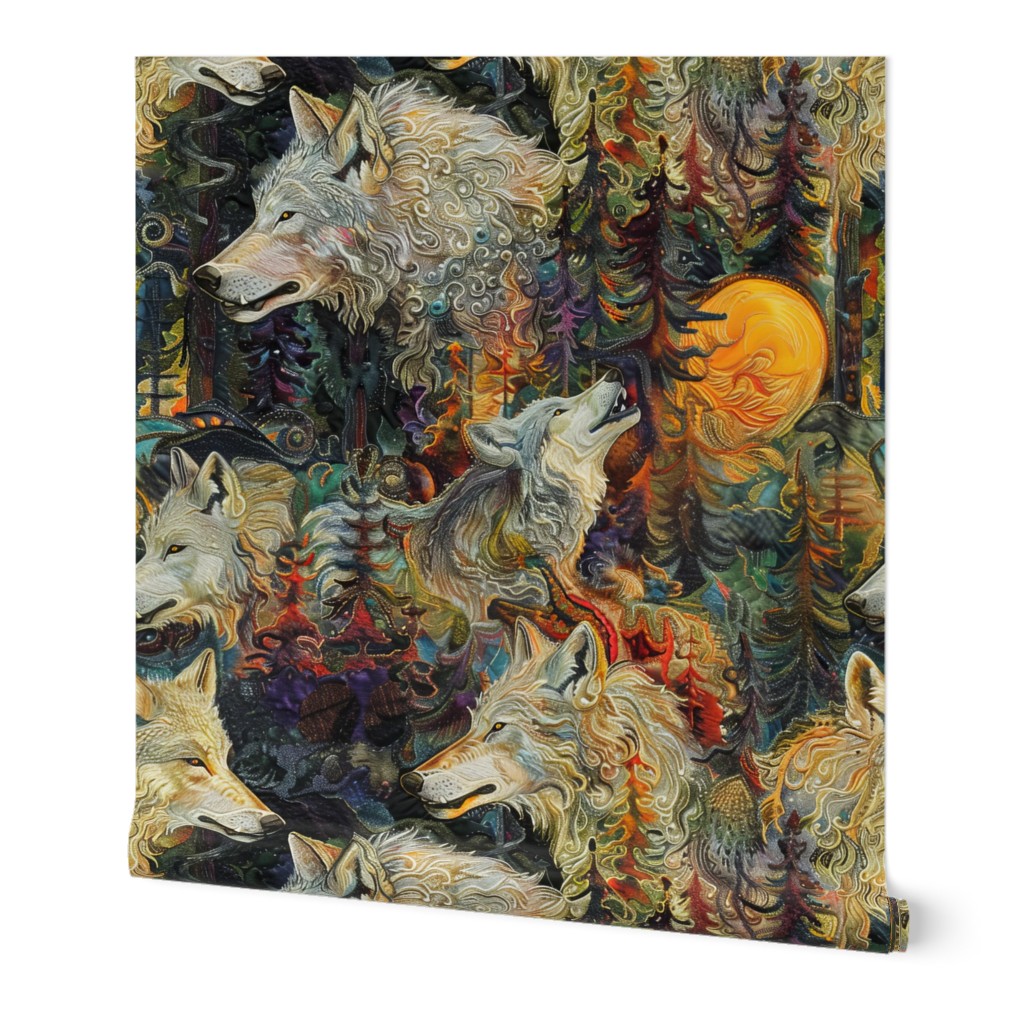 Timber Wolves Surreal Colorful Woodland Forest