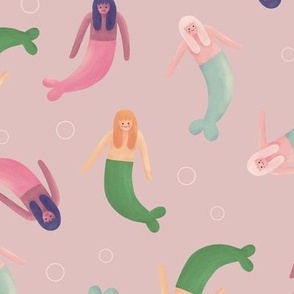 Playful Mermaids Tossed on Transcendent Pink 