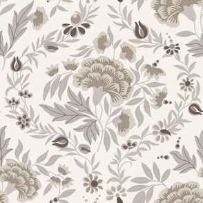 Georgian Floral - Neutral Grey, Beige, White - Large Scale