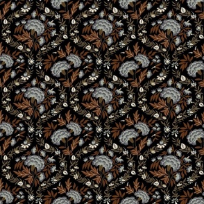 Georgian Floral - Black, Brown, Grey - Small Scale