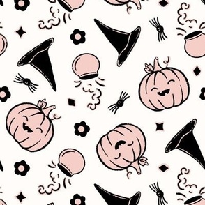 Halloween Pumpkins, witch hats and potions with spiders and flowers black and pink