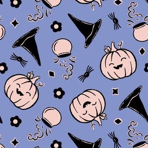 Halloween Pumpkins, witch hats and potions with spiders and flowers blue and pink