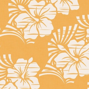 Hawaiian Block Print - Exotic Hibiscus Flowers in Cream and Amber Yellow / Large / Eva Matise