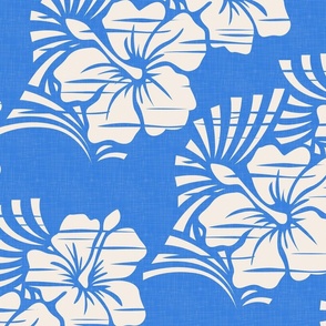Hawaiian Block Print - Hibiscus Flowers in Cream and Azure Blue / Large / Eva Matise