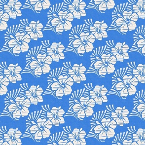 Hawaiian Block Print - Hibiscus Flowers in Cream and Azure Blue / Medium / Eva Matise