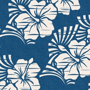 Hawaiian Block Print - Hibiscus Flowers in Cream and Ocean Blue / Large / Eva Matise