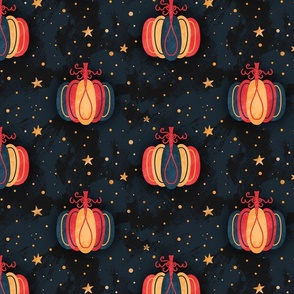 Magical Autumn Halloween Cottagecore Aesthetic Pattern With Pumpkins In A Starry Night Sky With Blue, Red And Yellow