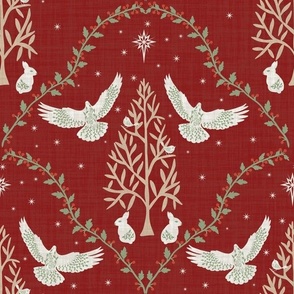 Nordic Christmas Doves - Vintage Scarlet Red - Large  Scale