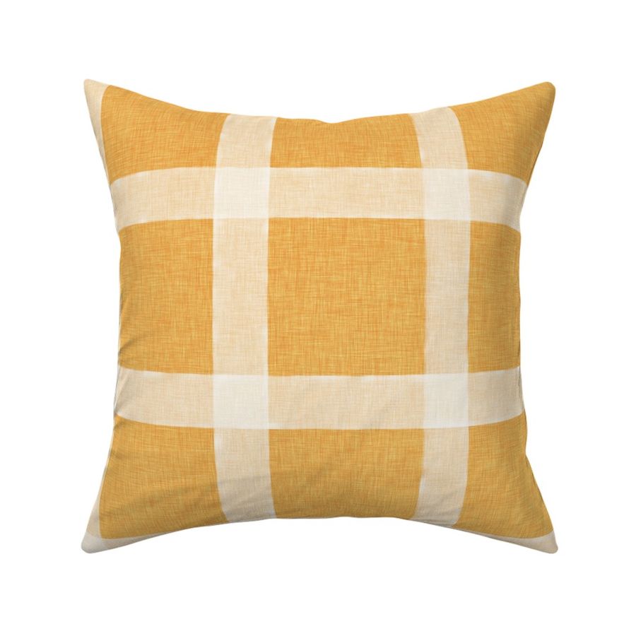 Watercolor cream plaid over orange jumbo - marigold gingham - hand drawn grid with linen texture - picnic blanket