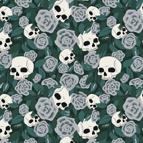 Cottagecore Halloween- Skulls and roses- deep green back drop/ grey/ leaves/ black/ white