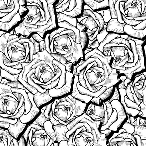 Rockabilly White Roses Hand Drawn Bed of Roses Black and White