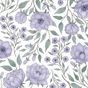 (L) Vintage floral - Purple peony garden - French lilac - textured white background L scale