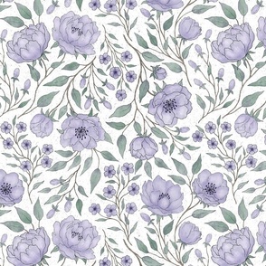 (M) Vintage floral - Purple peony garden - French lilac - textured white background M scale