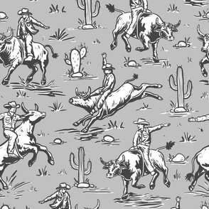 cowboy riding bull gray, western fabric wallpaper WB24