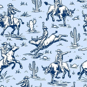 cowboy riding bull light blue, western fabric wallpaper WB24