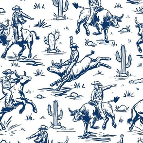 cowboy riding bull white and navy, western fabric wallpaper WB24