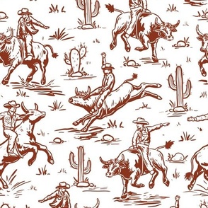 cowboy riding bull white and rust, western fabric wallpaper WB24