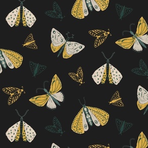 Whimsical Mustard Ecru Moths Dark Background