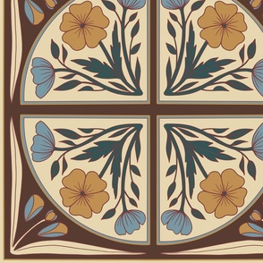 XL Scale // Floral Tile in Tan, Golden Yellow, Dark Green, Brown and Cornflower Blue 