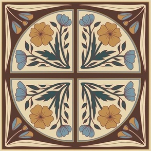 Large Scale //  Floral Tile in Tan, Golden Yellow, Dark Green, Brown and Cornflower Blue 