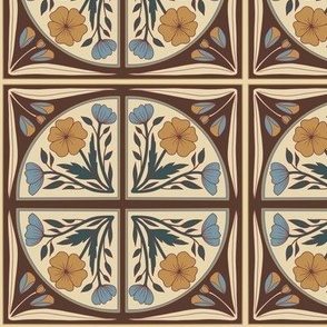 Medium Scale //  Floral Tile in Tan, Golden Yellow, Dark Green, Brown and Cornflower Blue 