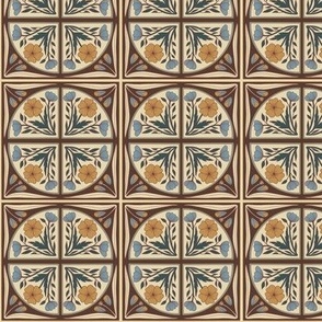 Smaller Scale //  Floral Tile in Tan, Golden Yellow, Dark Green, Brown and Cornflower Blue 
