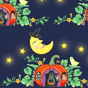 Spooky pumpkin cottage with big crescent, moon and stars