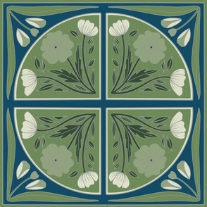 Large Scale // Floral Tile in Green, Blue and White