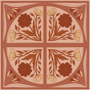 Large Scale // Floral Tile in Rust Red, Terra Cotta, Light Pink and Pale Peach