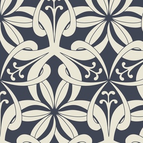 (M) Entanglement - Intertwined Flowing Shapes Forming Elegant Ornamental Flowers, Creme And Navy