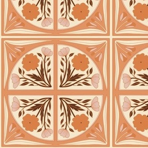 Medium Scale // Floral Tile in Peach, Orange Apricot, Light Pink, Brown and Cream White