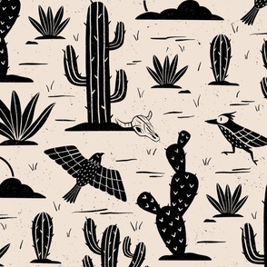 Block Print Desert Cactus and Birds-Beige and Black