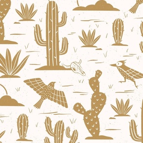 Block Print Desert Cactus and Birds-Khaki Brown