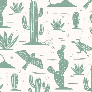 Block Print Desert Cactus and Birds-Mint