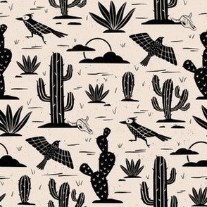 Small-Block Print Desert Cactus and Birds-Beige and Black