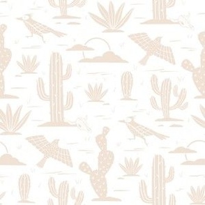 Small-Block Print Desert Cactus and Birds-Beige