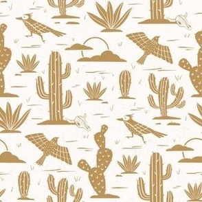 Small-Block Print Desert Cactus and Birds-Khaki Brown