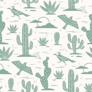 Small-Block Print Desert Cactus and Birds-Mint