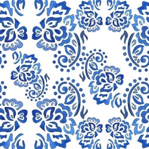 White blue watercolor ethnic floral pattern 