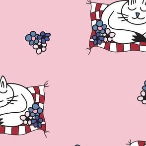 060 - medium scale Cottagecore sleeping white cats on polka dot beds with little daisies - for kids apparel and decor