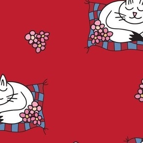 060 - medium scale Cottagecore sleeping white cats on polka dot beds with little daisies - for kids apparel and decor-10