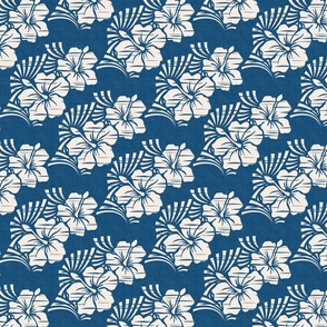 Hawaiian Block Print - Hibiscus Flowers in Cream and Ocean Blue / Medium / Eva Matise