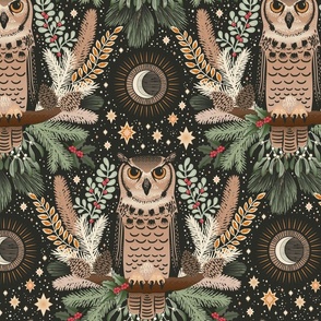 Festive Great Horned owl damask - Natural Christmas - warm neutrals and greens on soft black - large